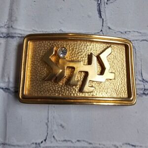 Robin Vintage Gold Tone Hammered Rhinestone Abstract Logo Belt Buckle 3.25"